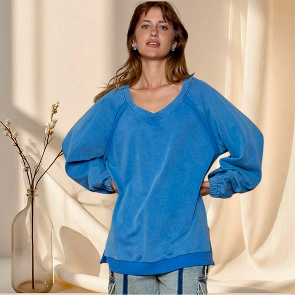POL Cobalt Blue Open Back Sweatshirt | Criss Cross Cutout Balloon Sleeve Top - Picture 6 of 7